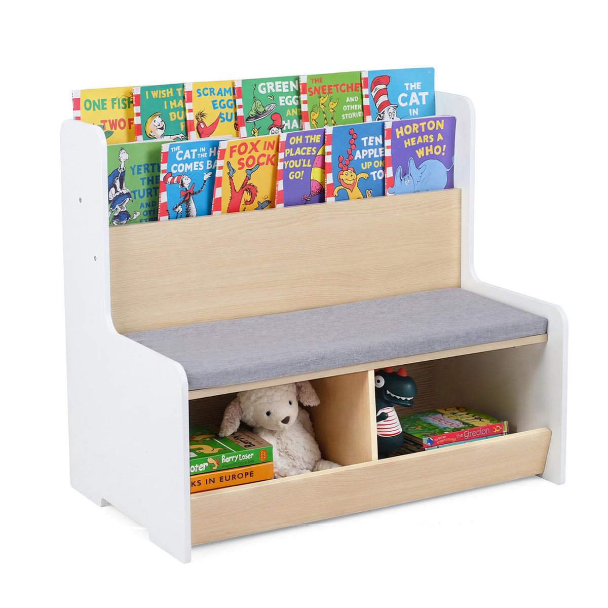Kids Reading Nook with Bench Bookshelf and 2 Cubbies - White, 3-in-1 Toy Storage & Seat