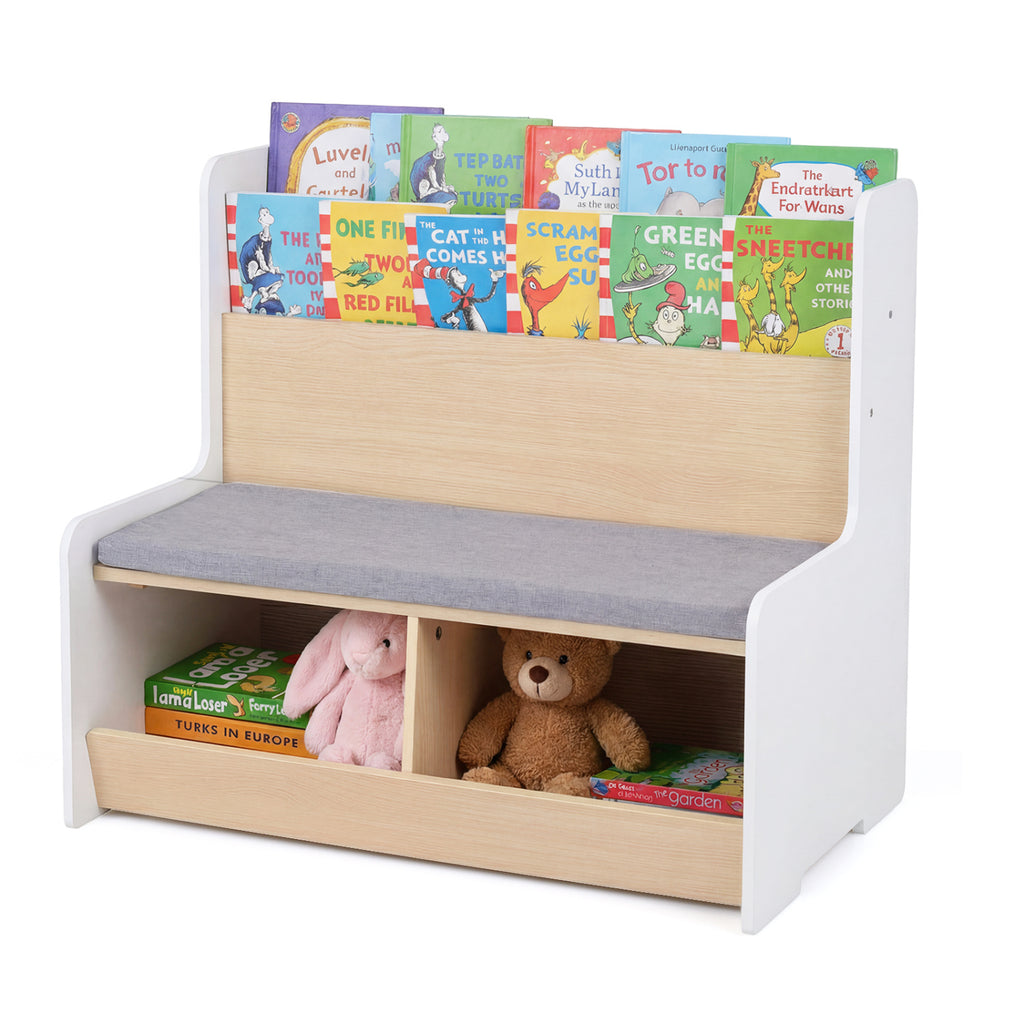 Kids Reading Nook with Bench Bookshelf and 2 Cubbies - White, 3-in-1 Toy Storage & Seat