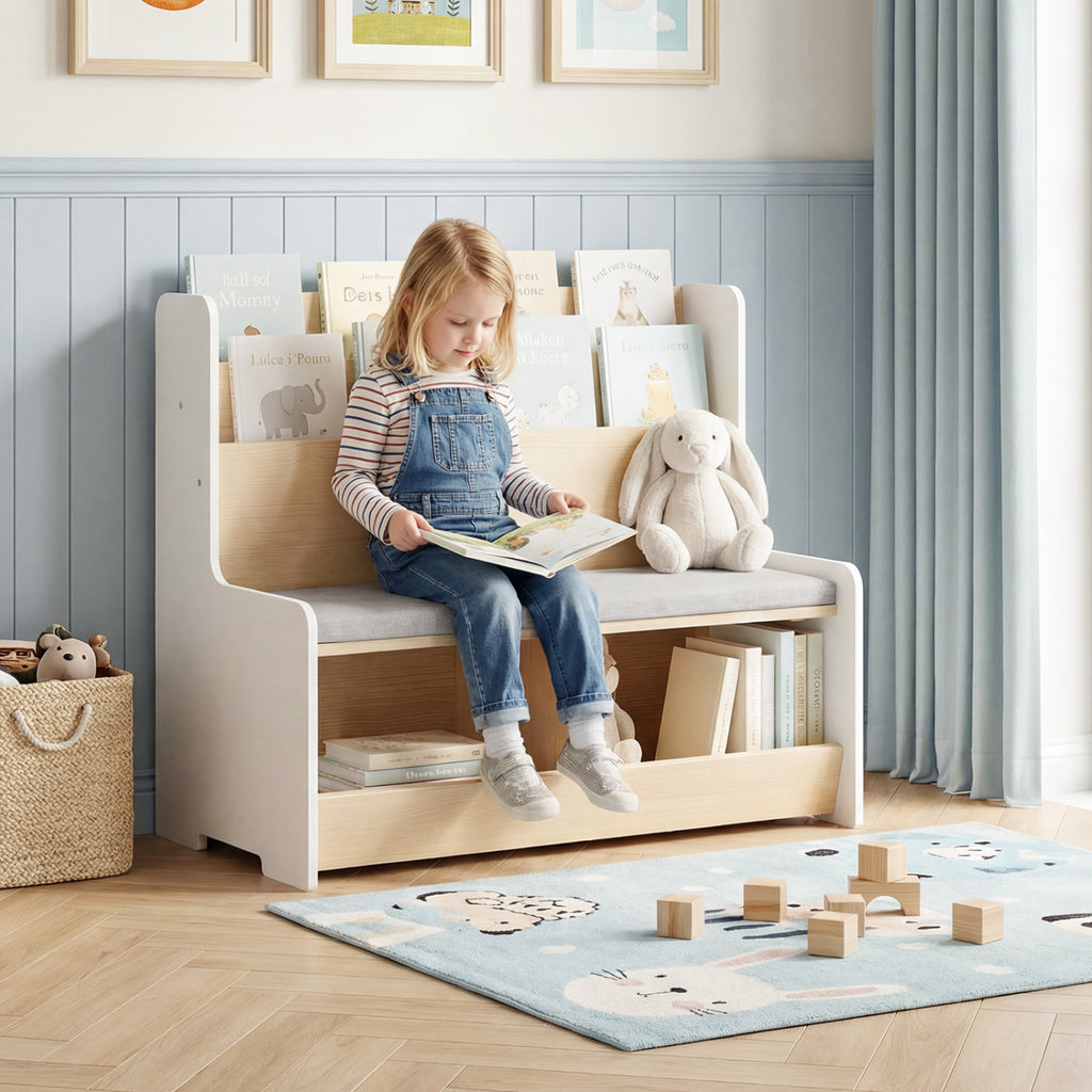 Kids Reading Nook with Bench Bookshelf and 2 Cubbies - White, 3-in-1 Toy Storage & Seat