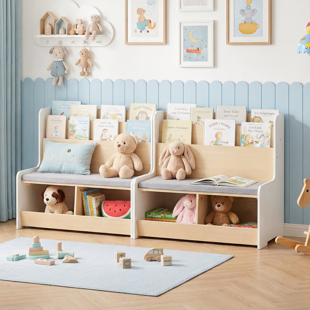Kids Reading Nook with Bench Bookshelf and 2 Cubbies - White, 3-in-1 Toy Storage & Seat