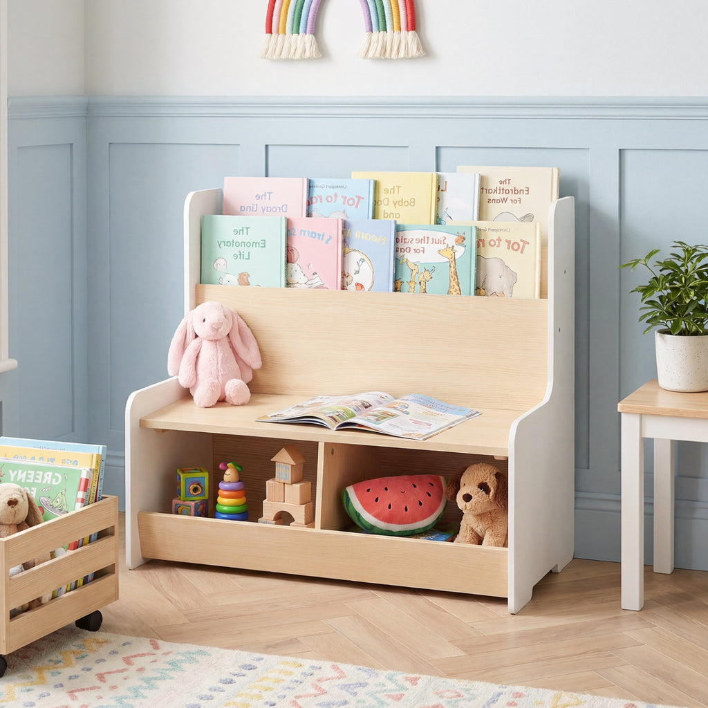 Kids Reading Nook with Bench Bookshelf and 2 Cubbies - White, 3-in-1 Toy Storage & Seat