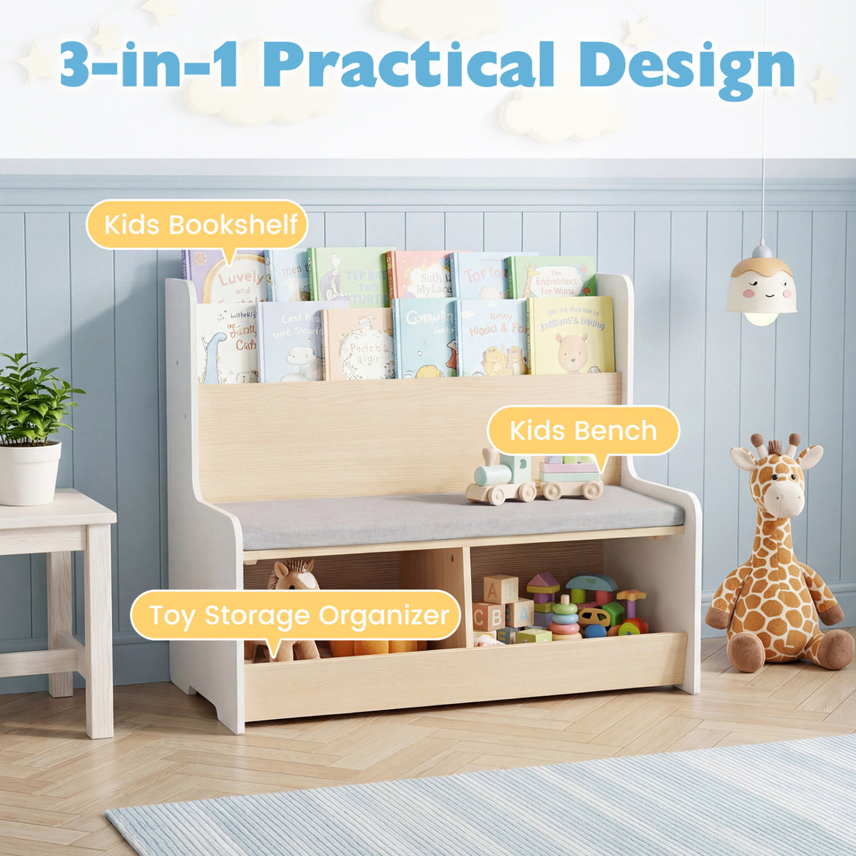Kids Reading Nook with Bench Bookshelf and 2 Cubbies - White, 3-in-1 Toy Storage & Seat