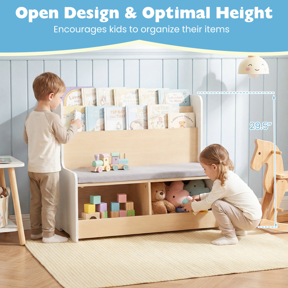 Kids Reading Nook with Bench Bookshelf and 2 Cubbies - White, 3-in-1 Toy Storage & Seat