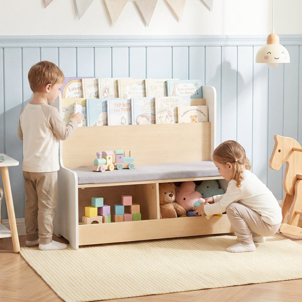 Kids Reading Nook with Bench Bookshelf and 2 Cubbies - White, 3-in-1 Toy Storage & Seat