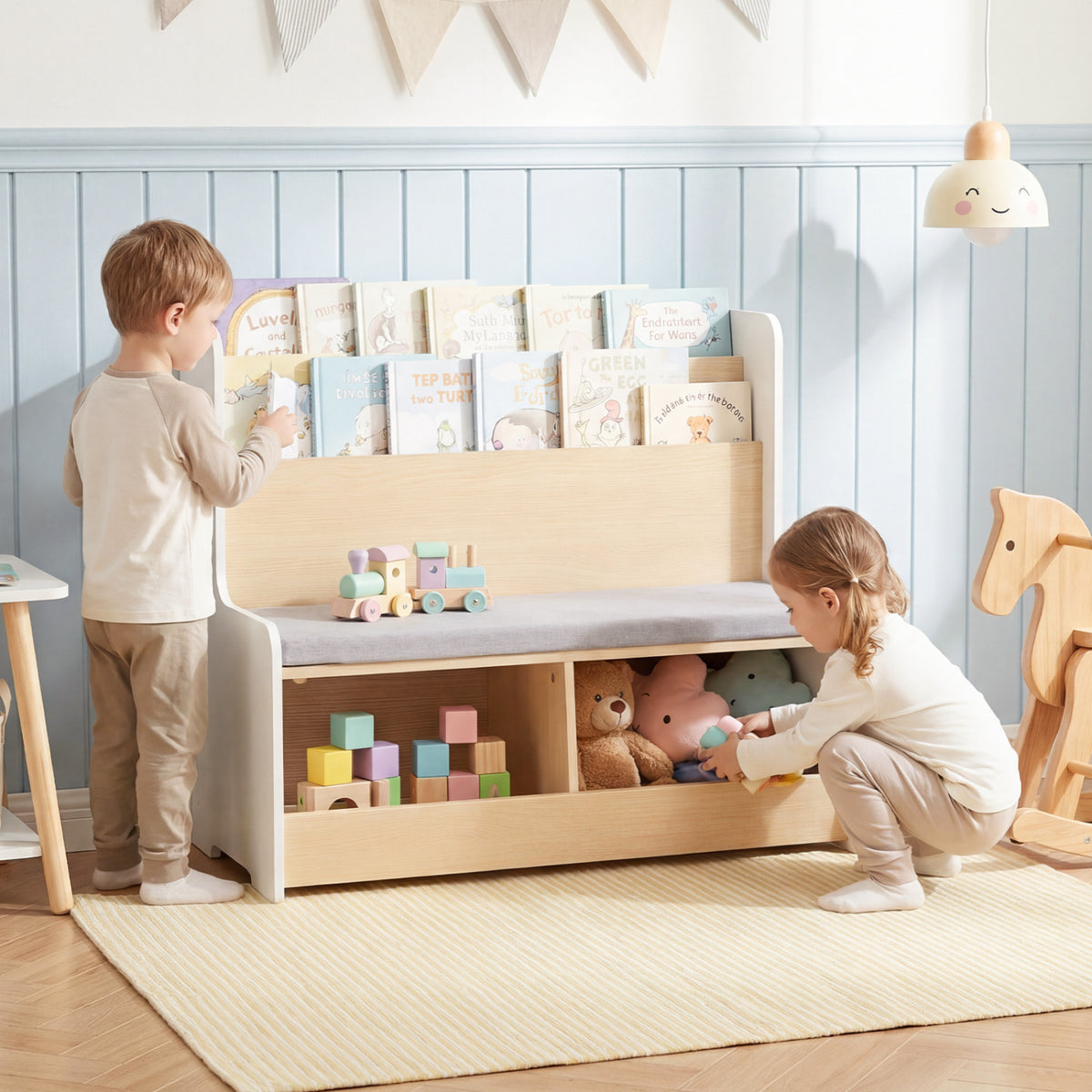 Kids Reading Nook with Bench Bookshelf and 2 Cubbies - White, 3-in-1 Toy Storage & Seat