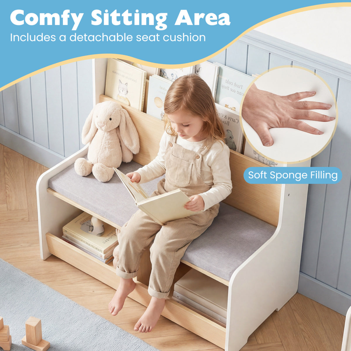 Kids Reading Nook with Bench Bookshelf and 2 Cubbies - White, 3-in-1 Toy Storage & Seat