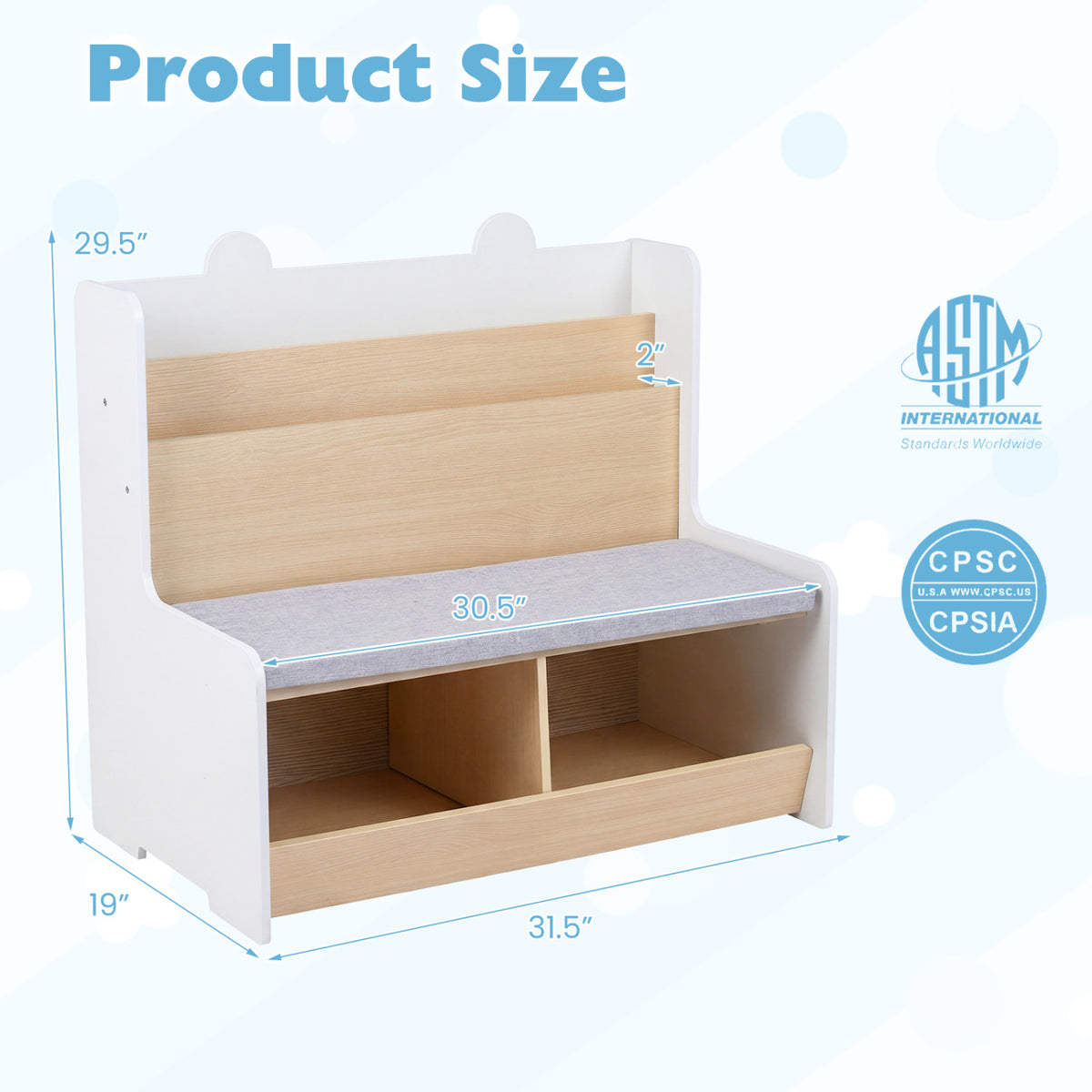 Kids Reading Nook with Bench Bookshelf and 2 Cubbies - White, 3-in-1 Toy Storage & Seat