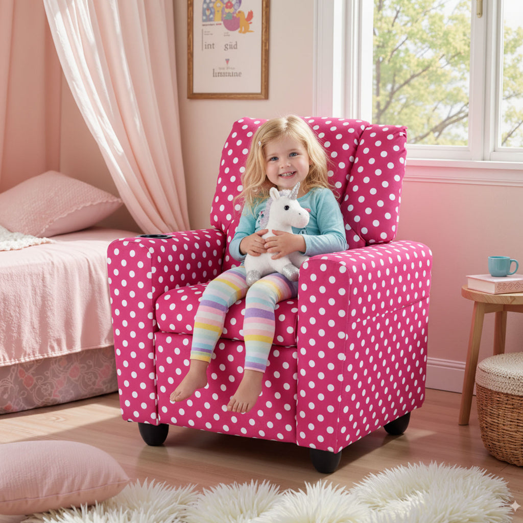 Kids Recliner Chair Push Back with Cup Holder - Pink Style H, Toddler Armchair