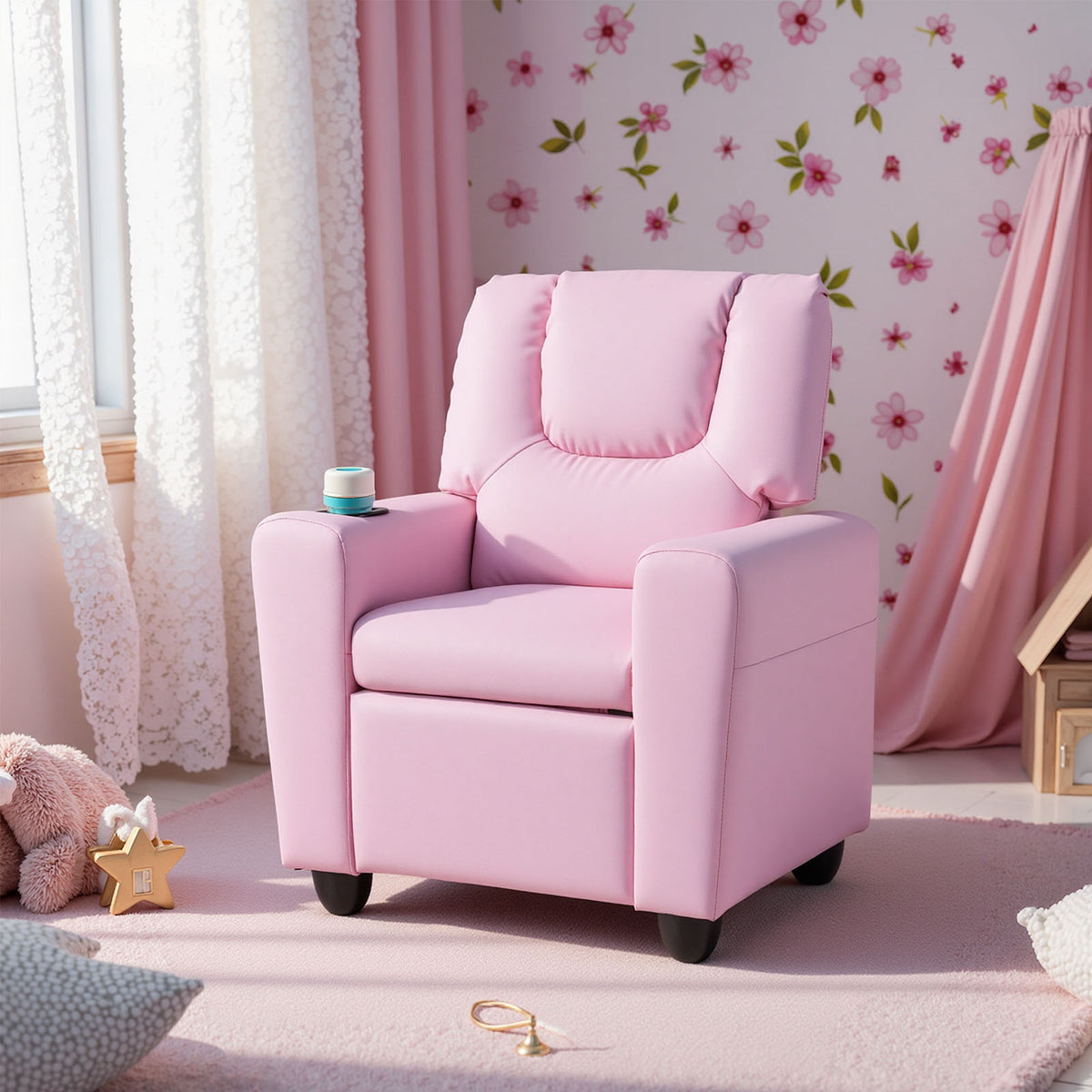 Kids Recliner Chair Push Back with Cup Holder - Pink Style H, Toddler Armchair