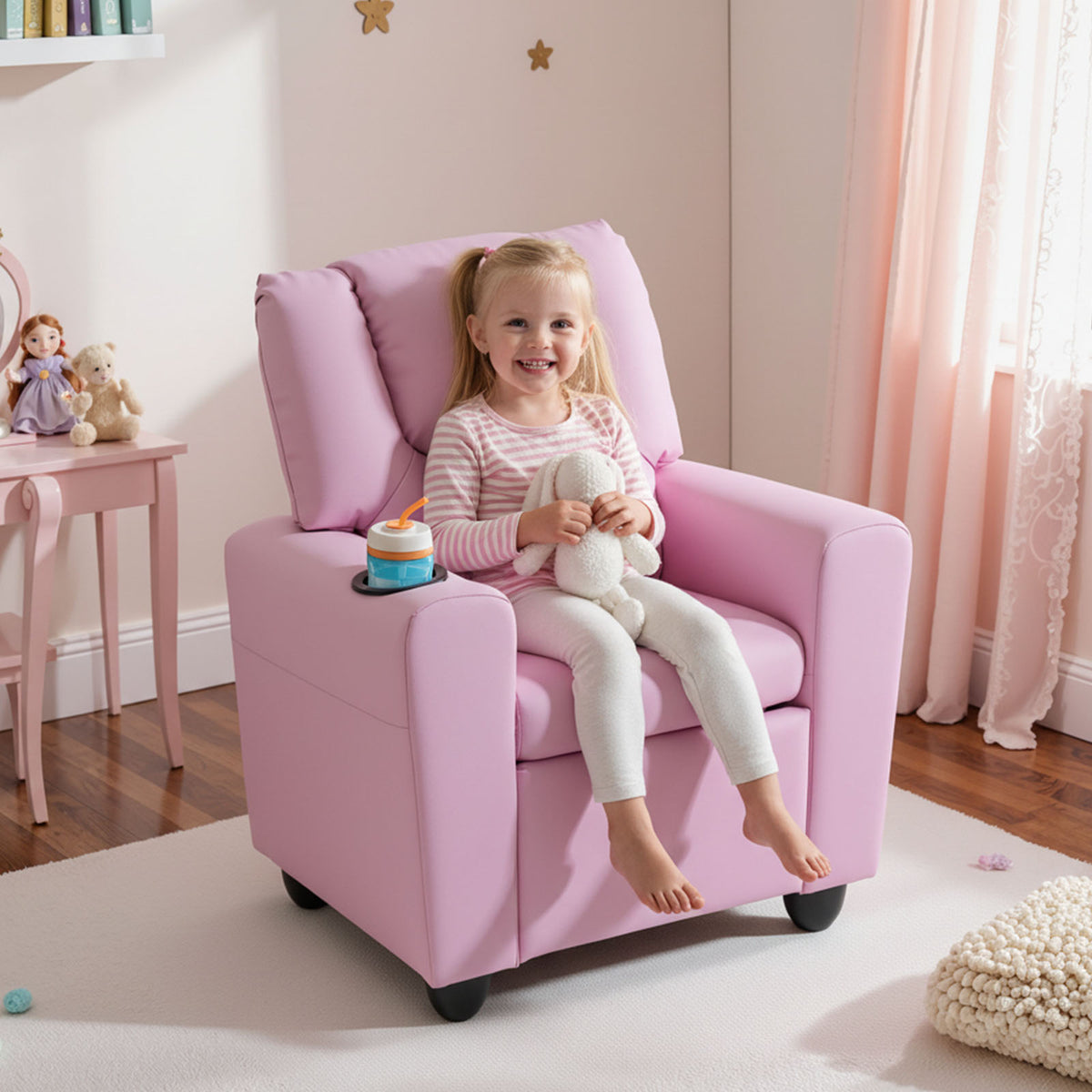 Kids Recliner Chair Push Back with Cup Holder - Pink Style H, Toddler Armchair