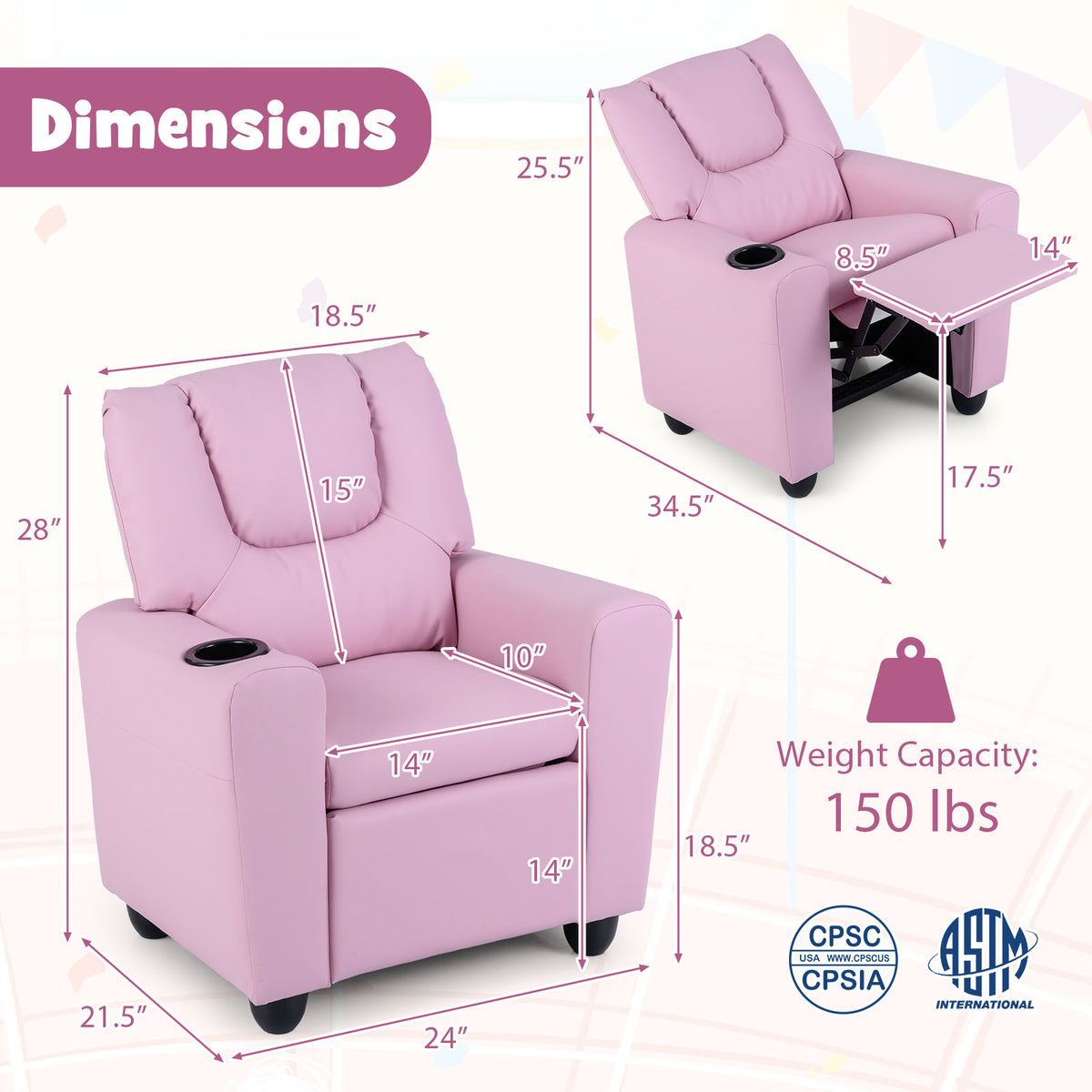 Kids Recliner Chair Push Back with Cup Holder - Pink Style H, Toddler Armchair