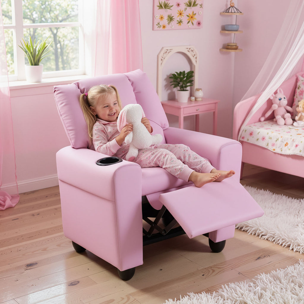 Kids Recliner Chair Push Back with Cup Holder - Pink Style H, Toddler Armchair
