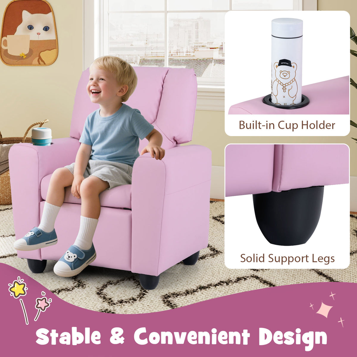 Kids Recliner Chair Push Back with Cup Holder - Pink Style H, Toddler Armchair