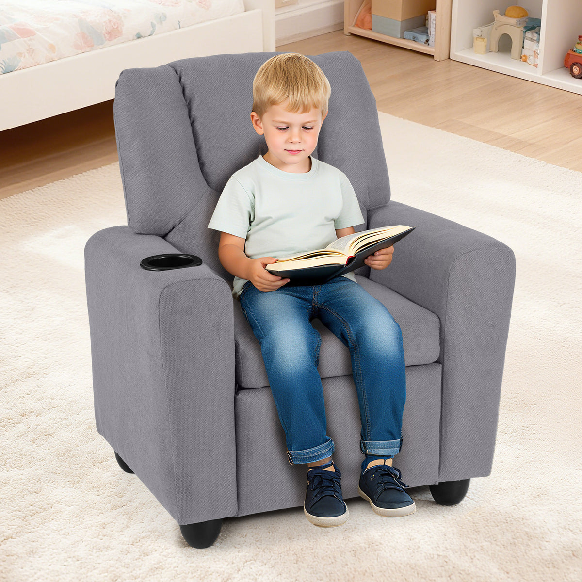 Kids Recliner Chair Push Back with Cup Holder - Style H Gray Toddler Armchair