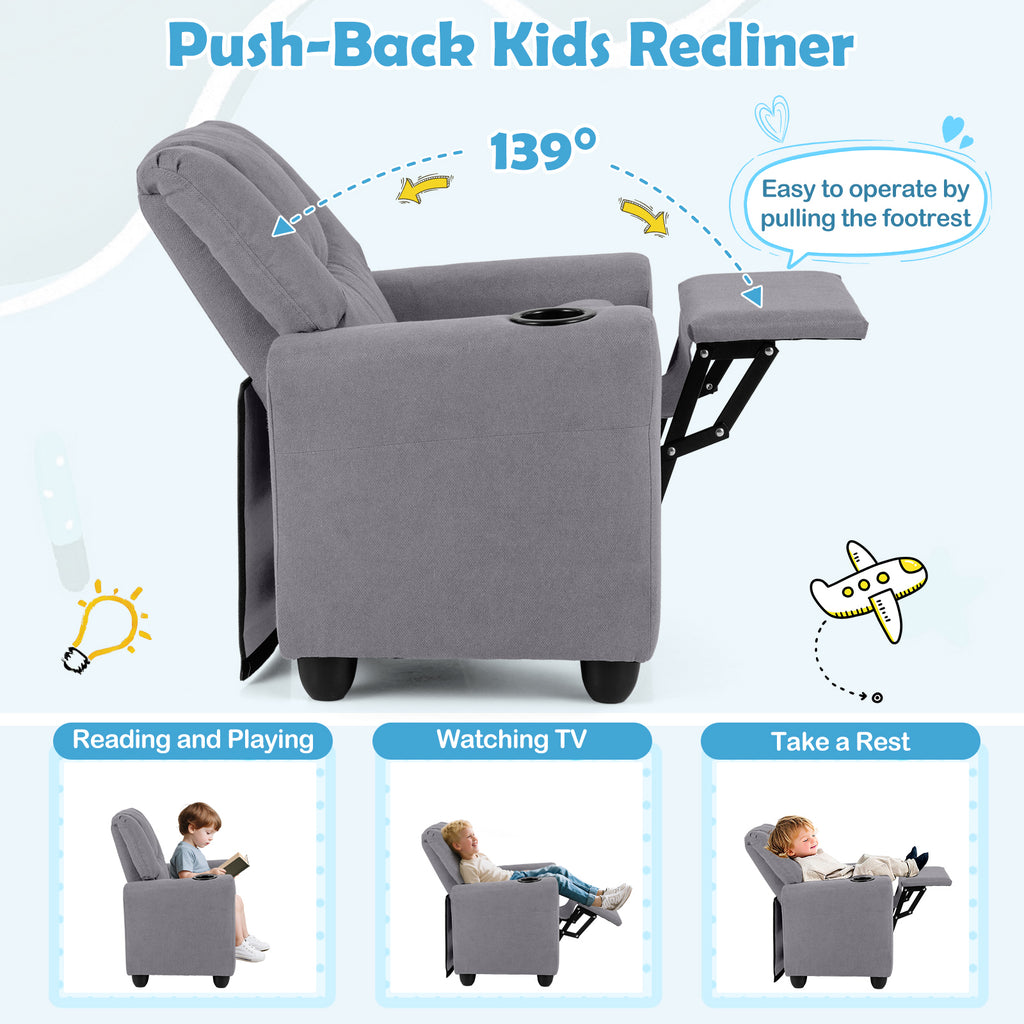 Kids Recliner Chair Push Back with Cup Holder - Style H Gray Toddler Armchair