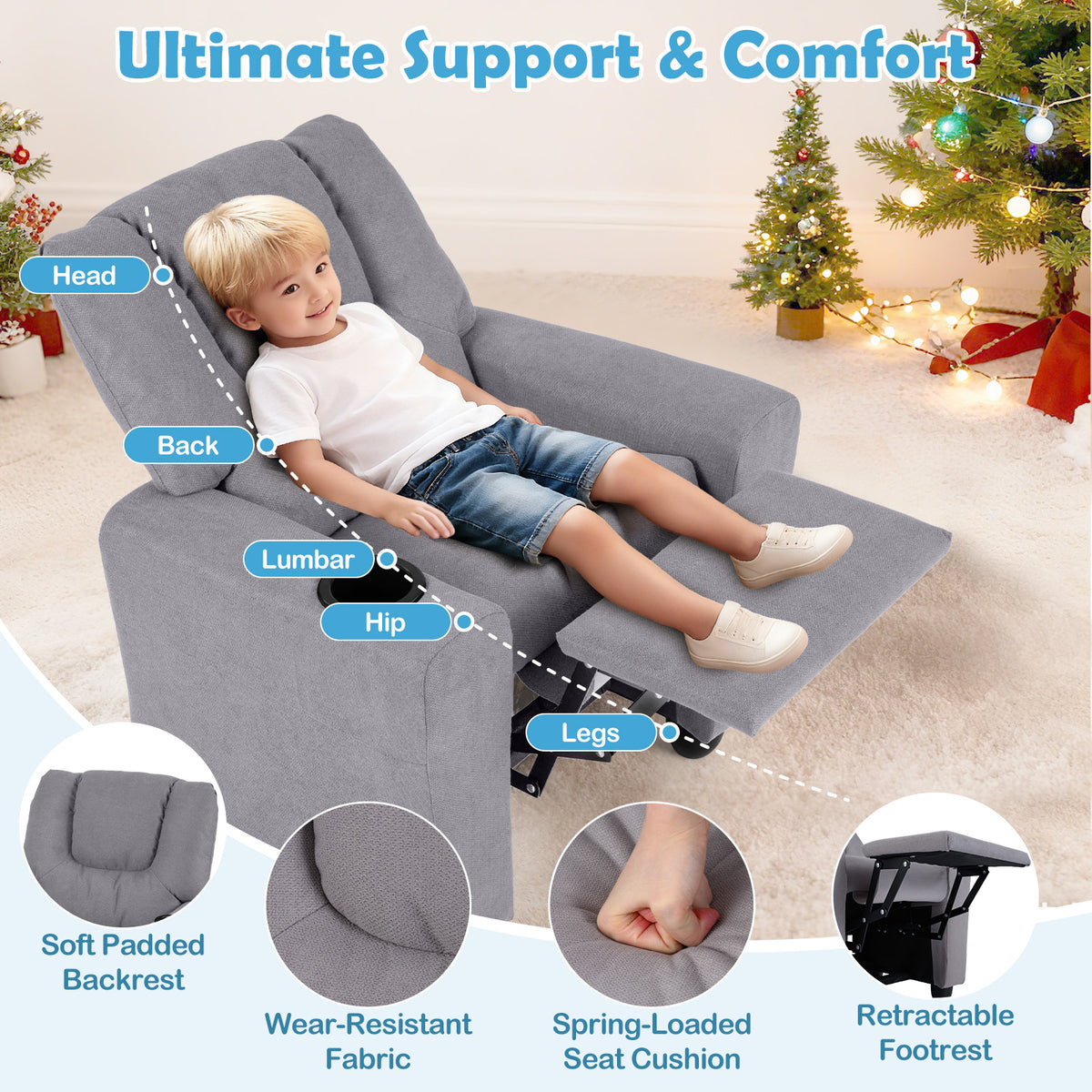 Kids Recliner Chair Push Back with Cup Holder - Style H Gray Toddler Armchair