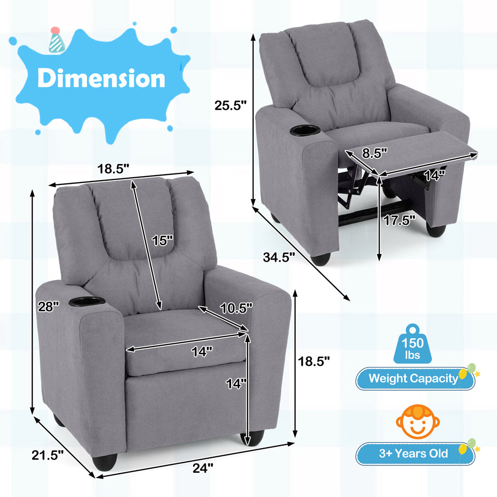 Kids Recliner Chair Push Back with Cup Holder - Style H Gray Toddler Armchair