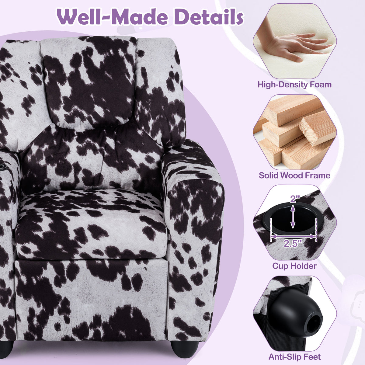 Kids Recliner Chair Push Back with Cup Holder - Style H Black & White