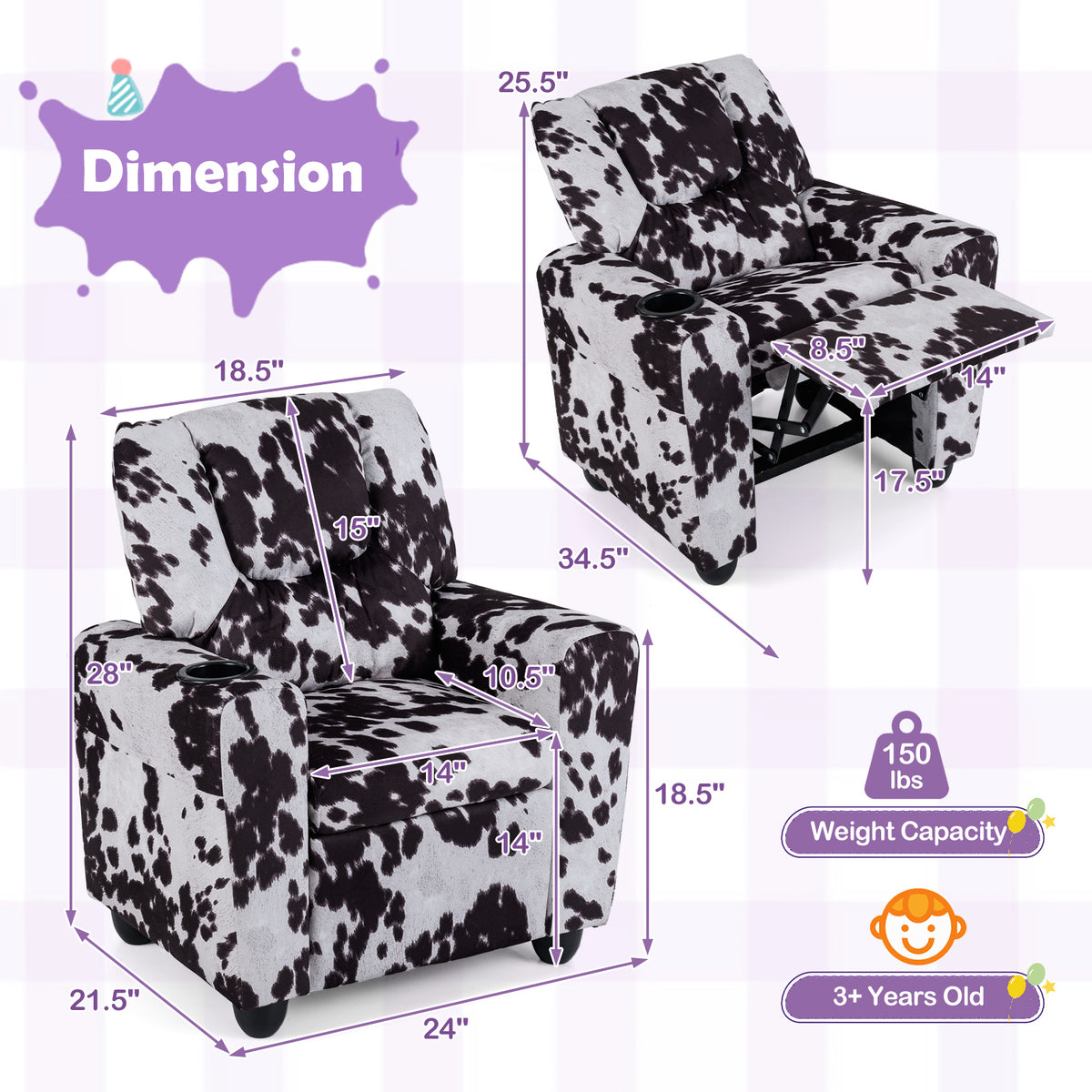 Kids Recliner Chair Push Back with Cup Holder - Style H Black & White