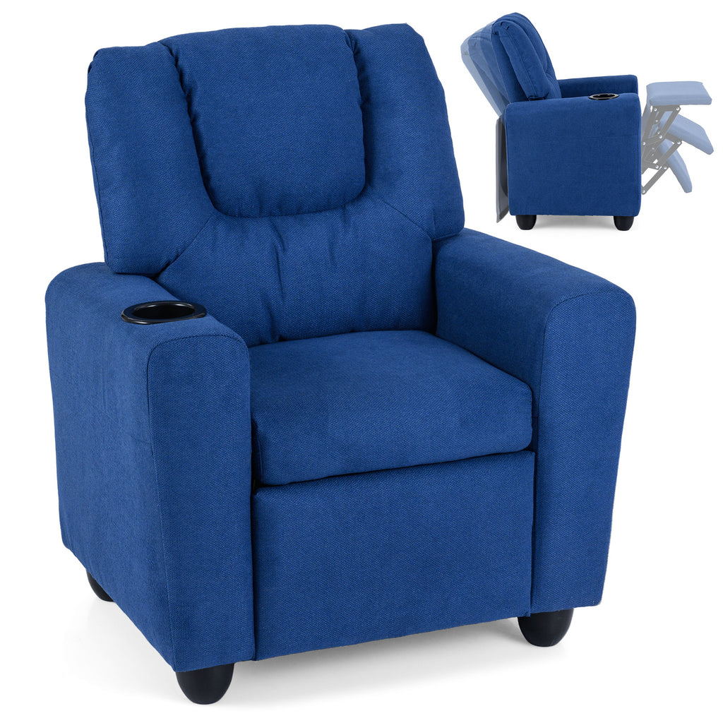 Kids Recliner Chair Push Back Style H Blue with Cup Holder - Toddler Armchair