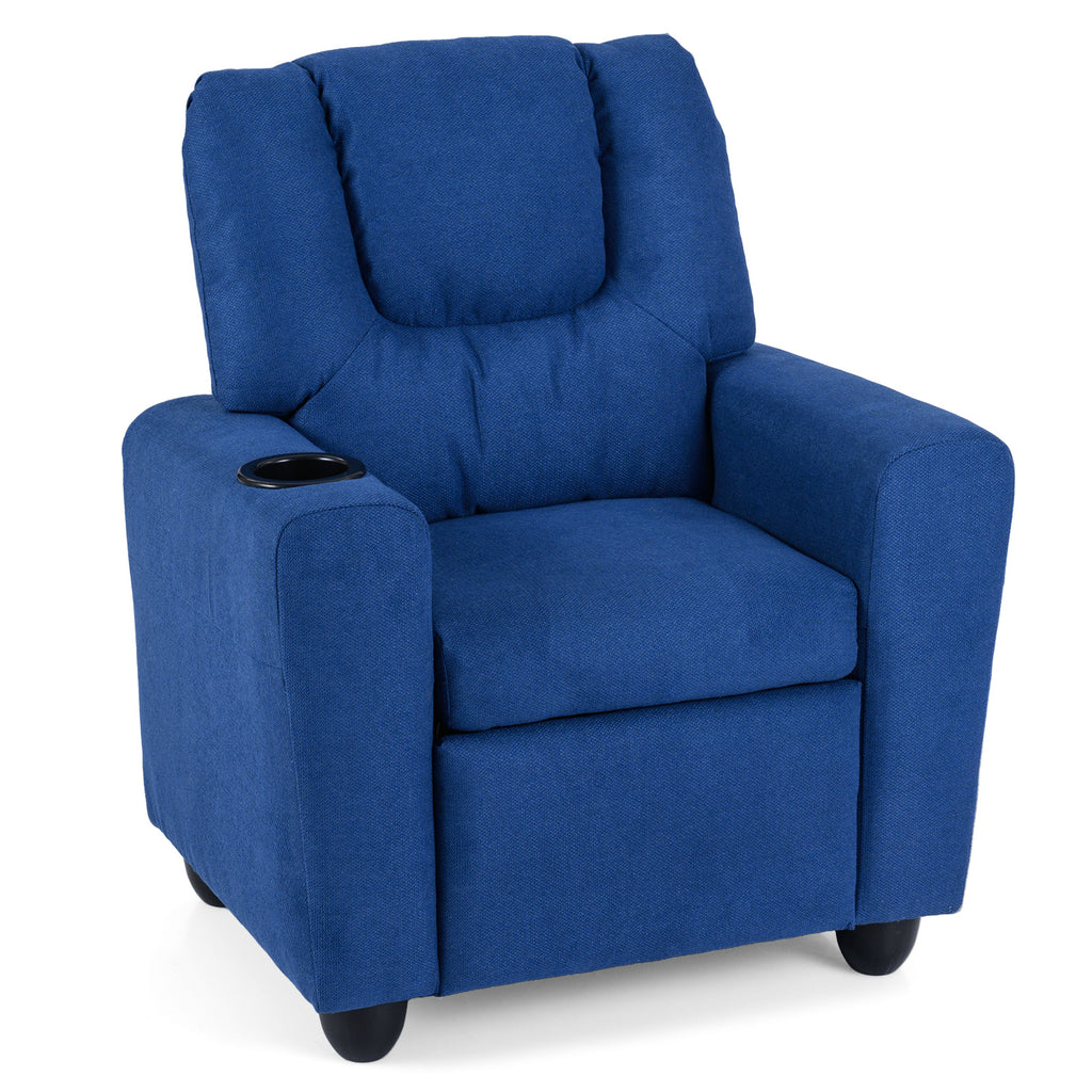 Kids Recliner Chair Push Back Style H Blue with Cup Holder - Toddler Armchair