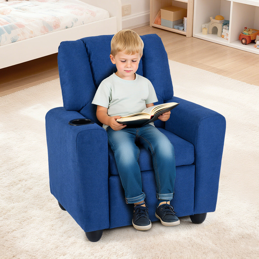 Kids Recliner Chair Push Back Style H Blue with Cup Holder - Toddler Armchair