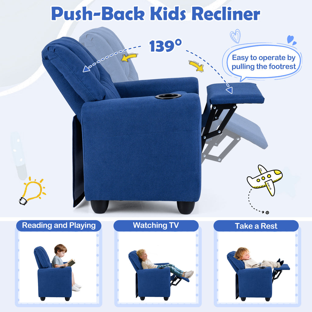 Kids Recliner Chair Push Back Style H Blue with Cup Holder - Toddler Armchair