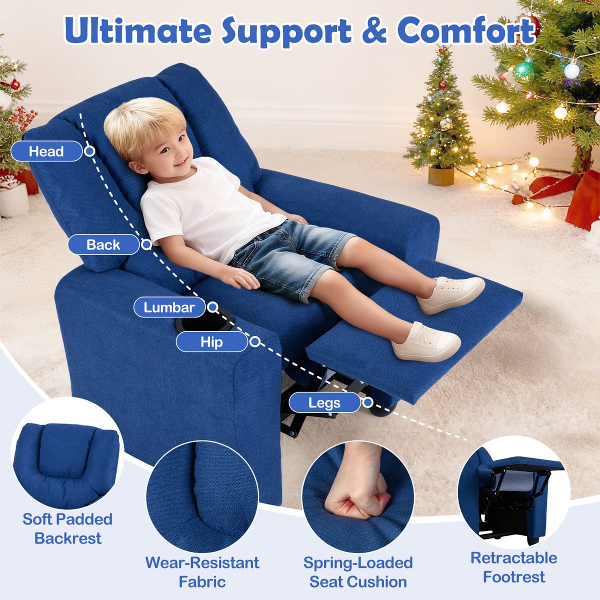 Kids Recliner Chair Push Back Style H Blue with Cup Holder - Toddler Armchair