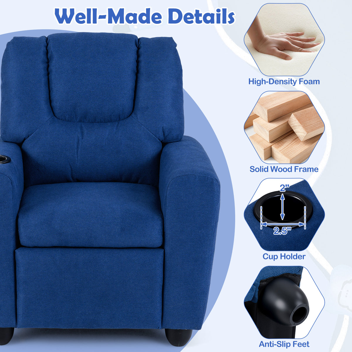 Kids Recliner Chair Push Back Style H Blue with Cup Holder - Toddler Armchair