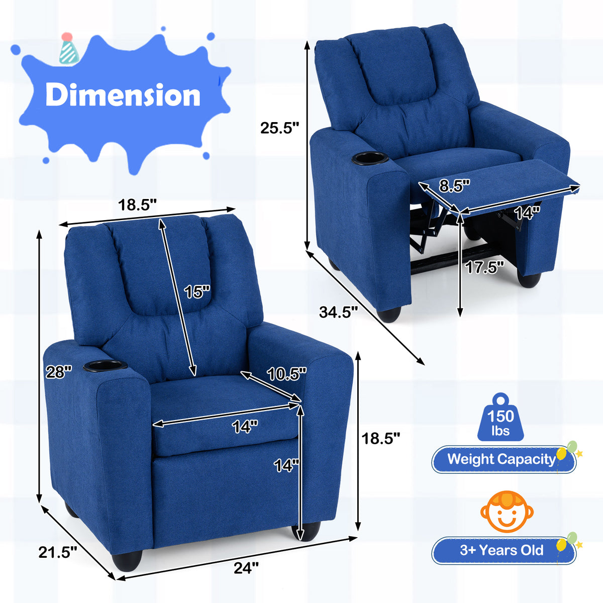 Kids Recliner Chair Push Back Style H Blue with Cup Holder - Toddler Armchair