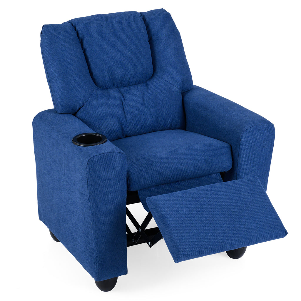 Kids Recliner Chair Push Back Style H Blue with Cup Holder - Toddler Armchair