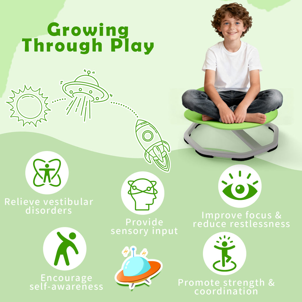 Kids Sensory Swivel Chair Elephant/Planet, Green - 360° Spinning Seat for Brain & Body Development