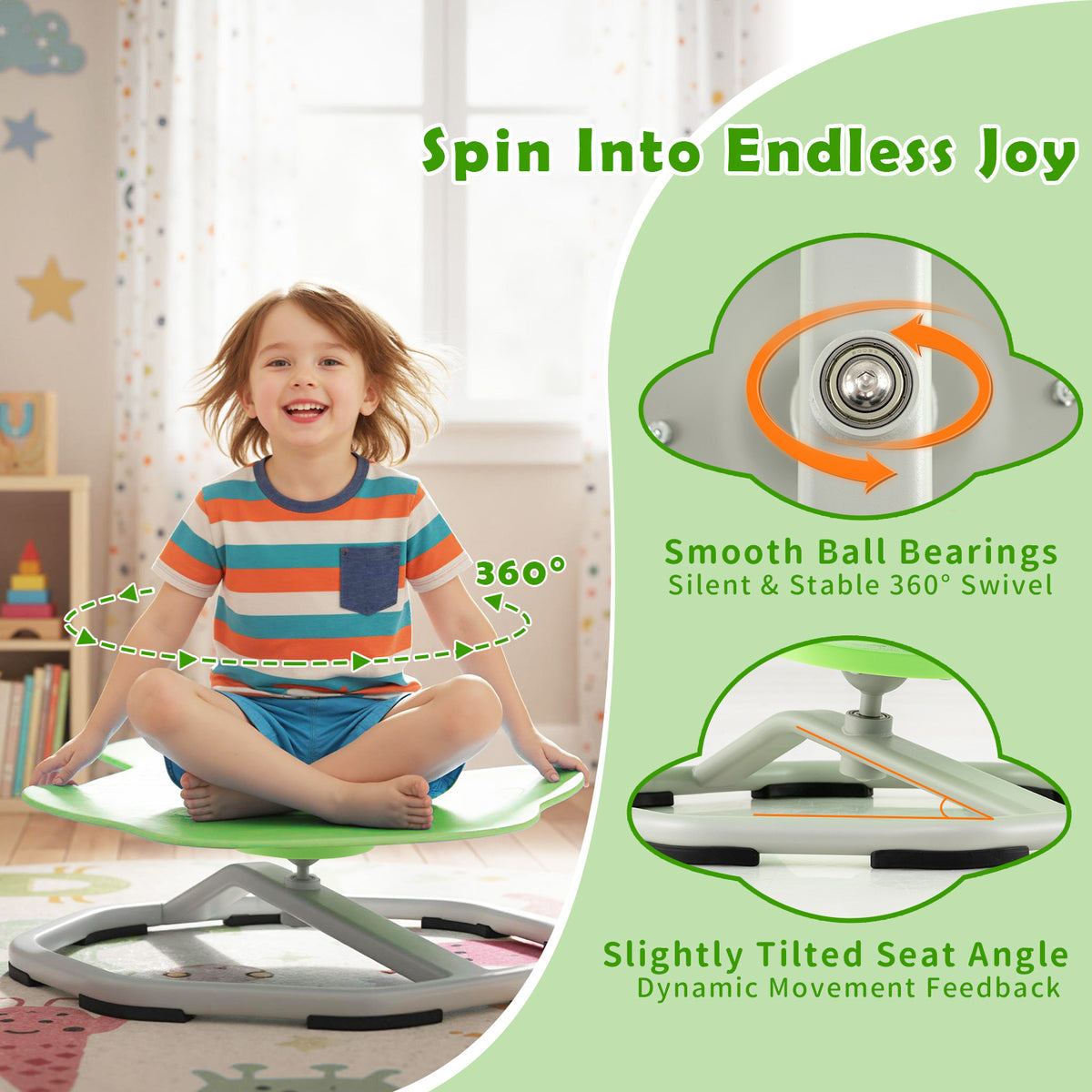 Kids Sensory Swivel Chair Elephant/Planet, Green - 360° Spinning Seat for Brain & Body Development