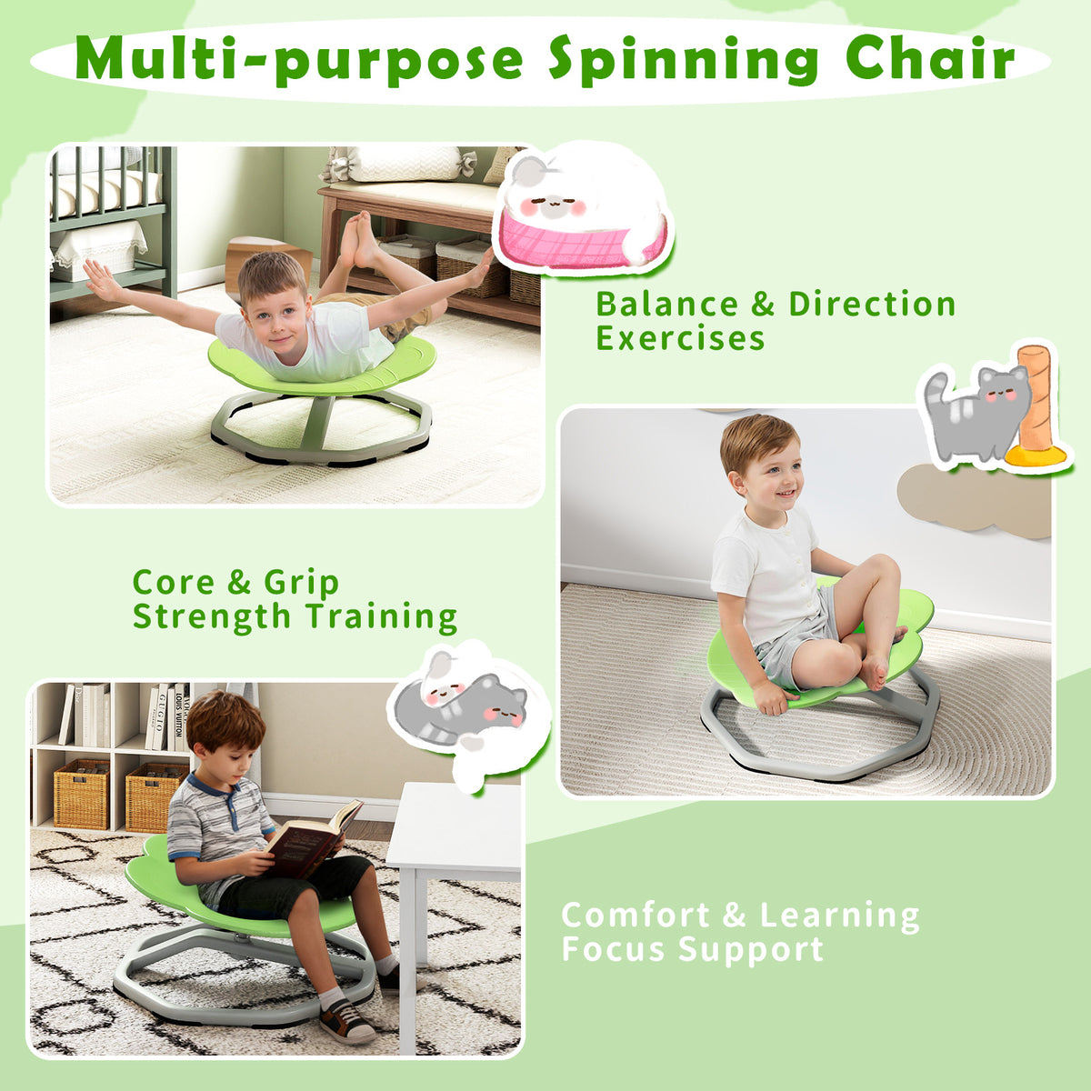 Kids Sensory Swivel Chair with Cat Claw Design - Green, 360° Spin, Non-Slip Base