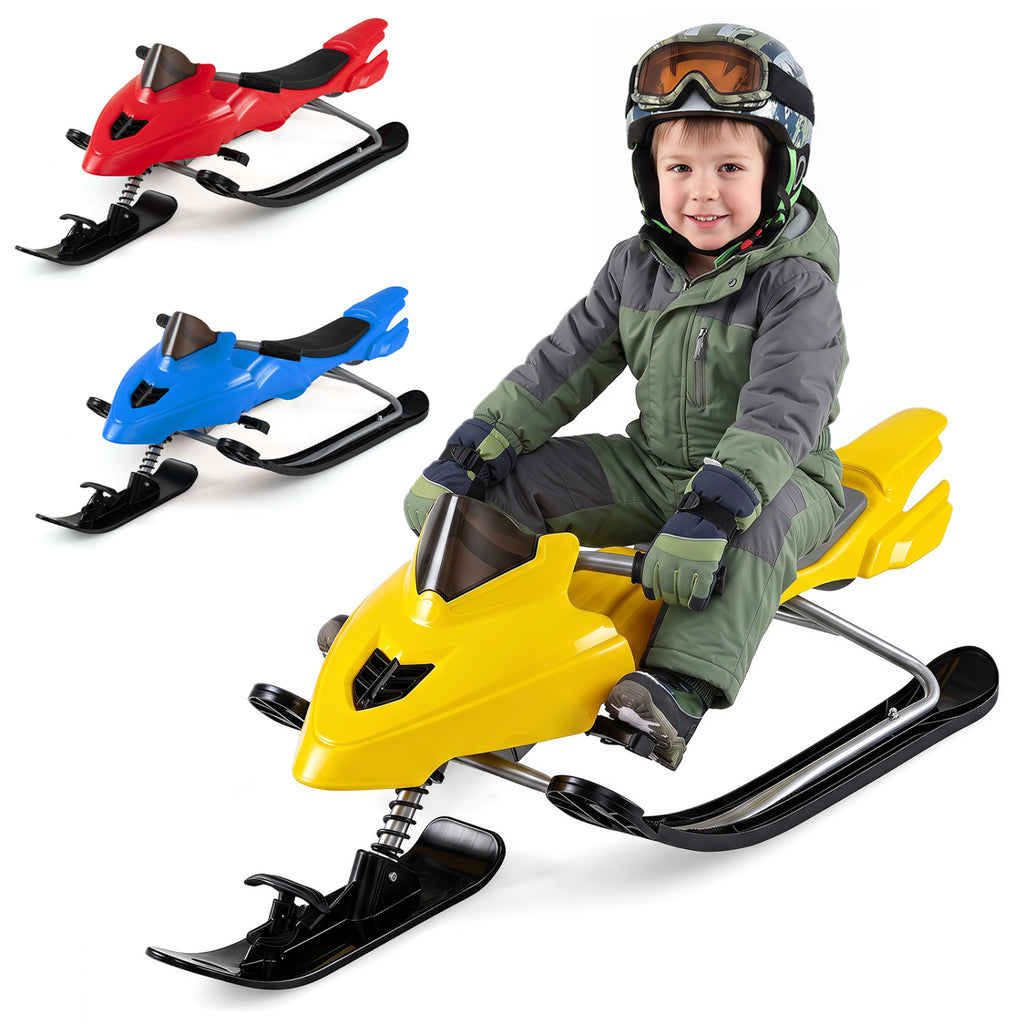 Kids Snow Racer Sled with Brakes & Tow Rope - Yellow, Steering Handle, Safe Winter Fun