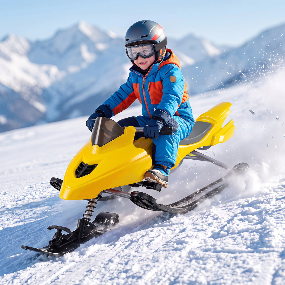 Kids Snow Racer Sled with Brakes & Tow Rope - Yellow, Steering Handle, Safe Winter Fun