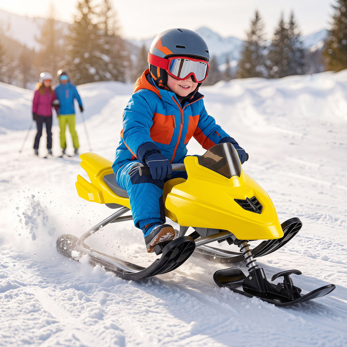 Kids Snow Racer Sled with Brakes & Tow Rope - Yellow, Steering Handle, Safe Winter Fun