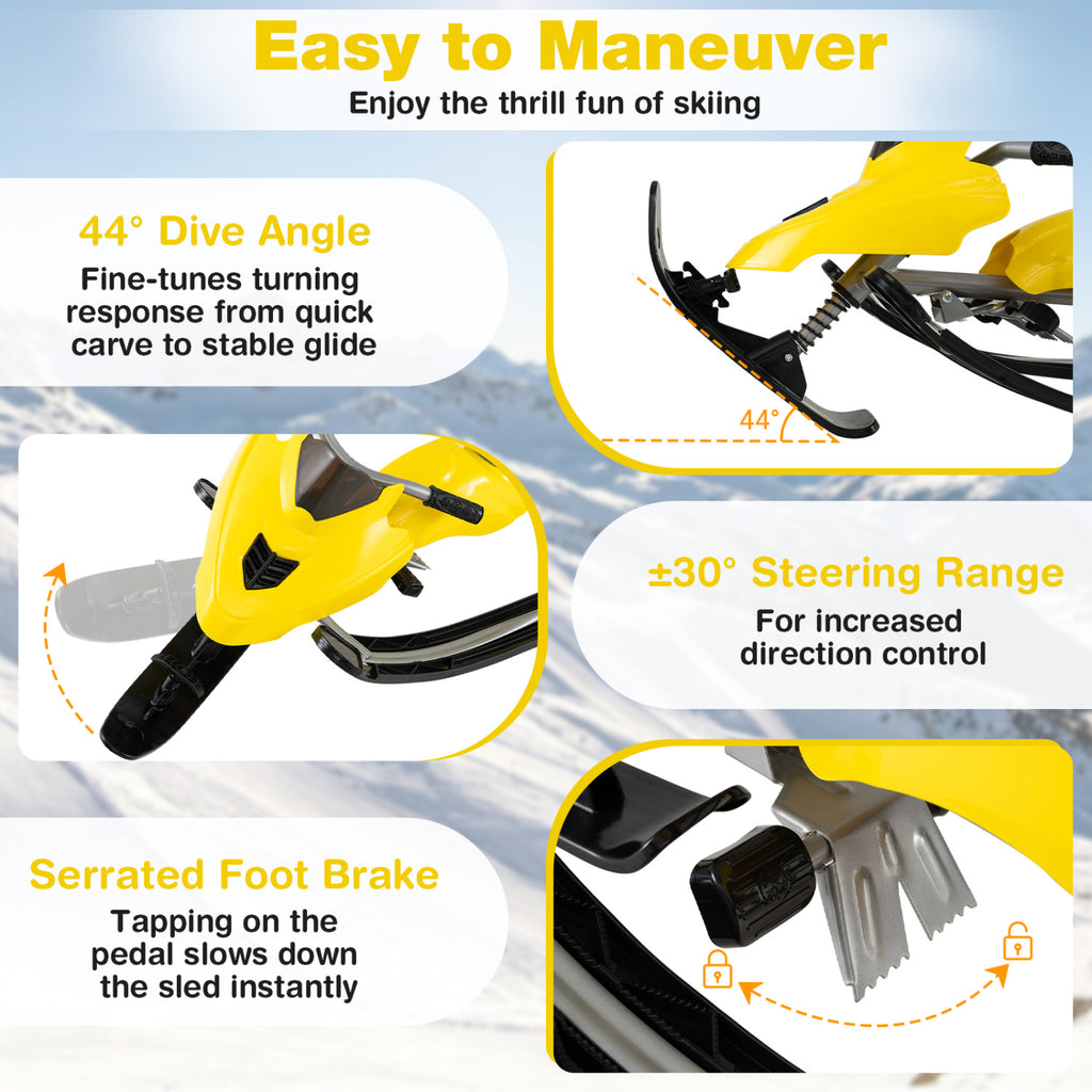 Kids Snow Racer Sled with Brakes & Tow Rope - Yellow, Steering Handle, Safe Winter Fun