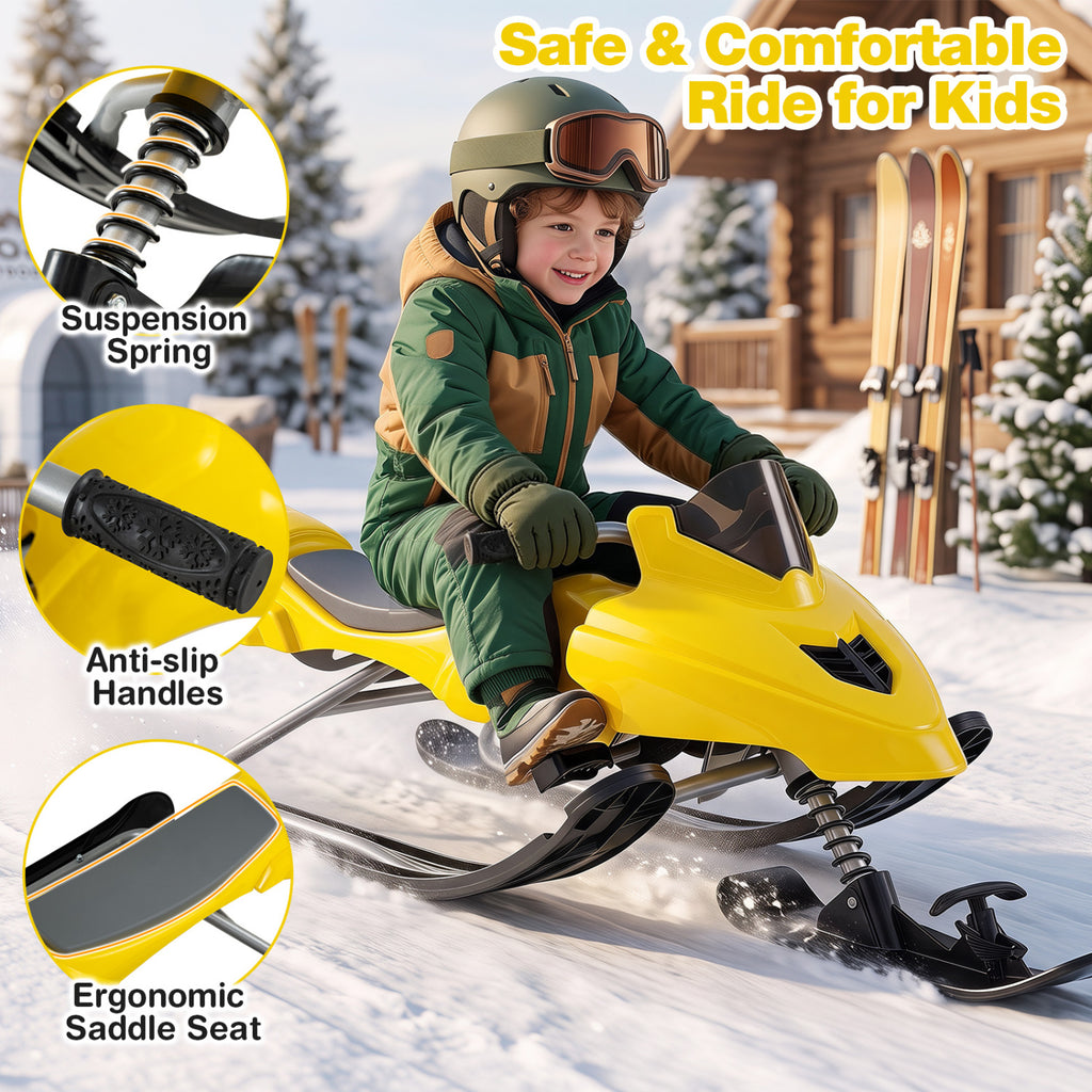 Kids Snow Racer Sled with Brakes & Tow Rope - Yellow, Steering Handle, Safe Winter Fun