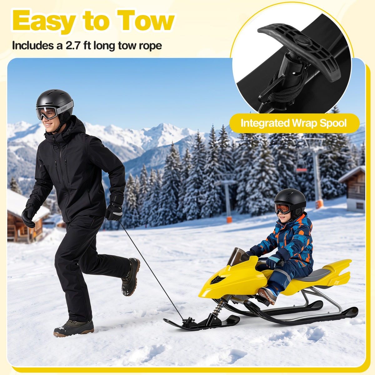 Kids Snow Racer Sled with Brakes & Tow Rope - Yellow, Steering Handle, Safe Winter Fun