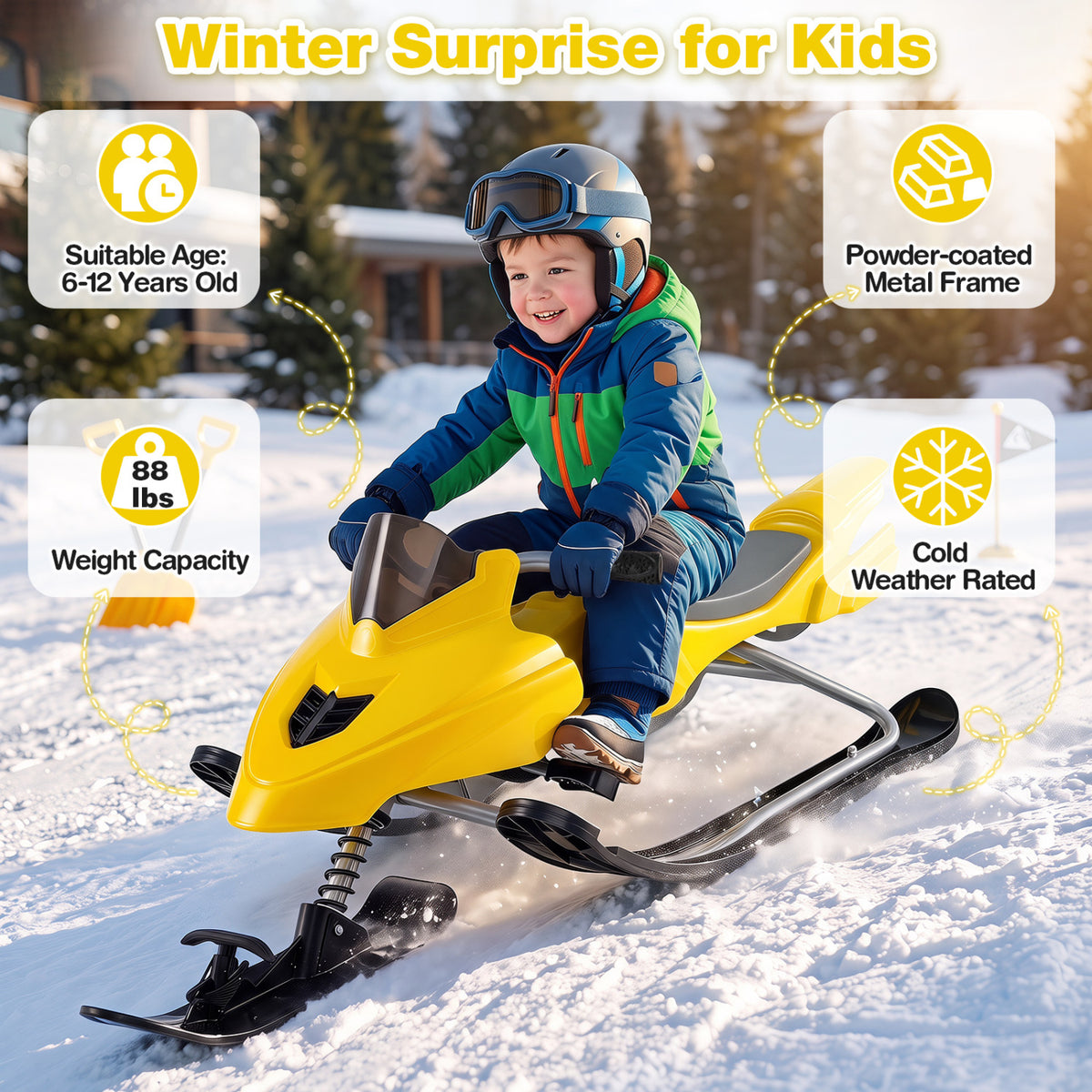 Kids Snow Racer Sled with Brakes & Tow Rope - Yellow, Steering Handle, Safe Winter Fun