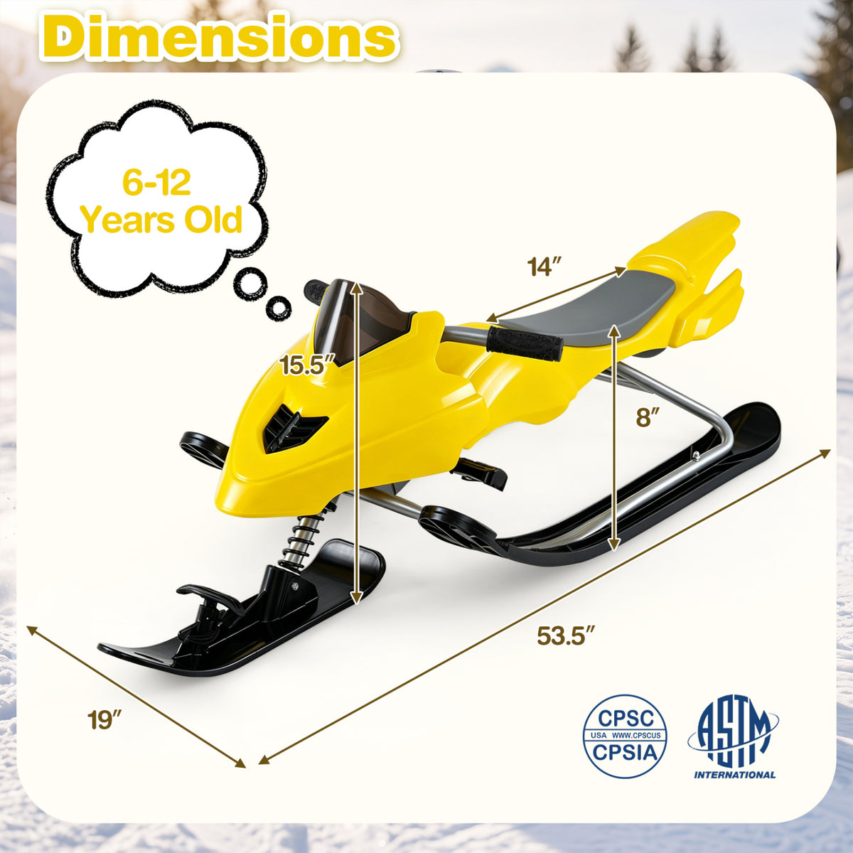 Kids Snow Racer Sled with Brakes & Tow Rope - Yellow, Steering Handle, Safe Winter Fun
