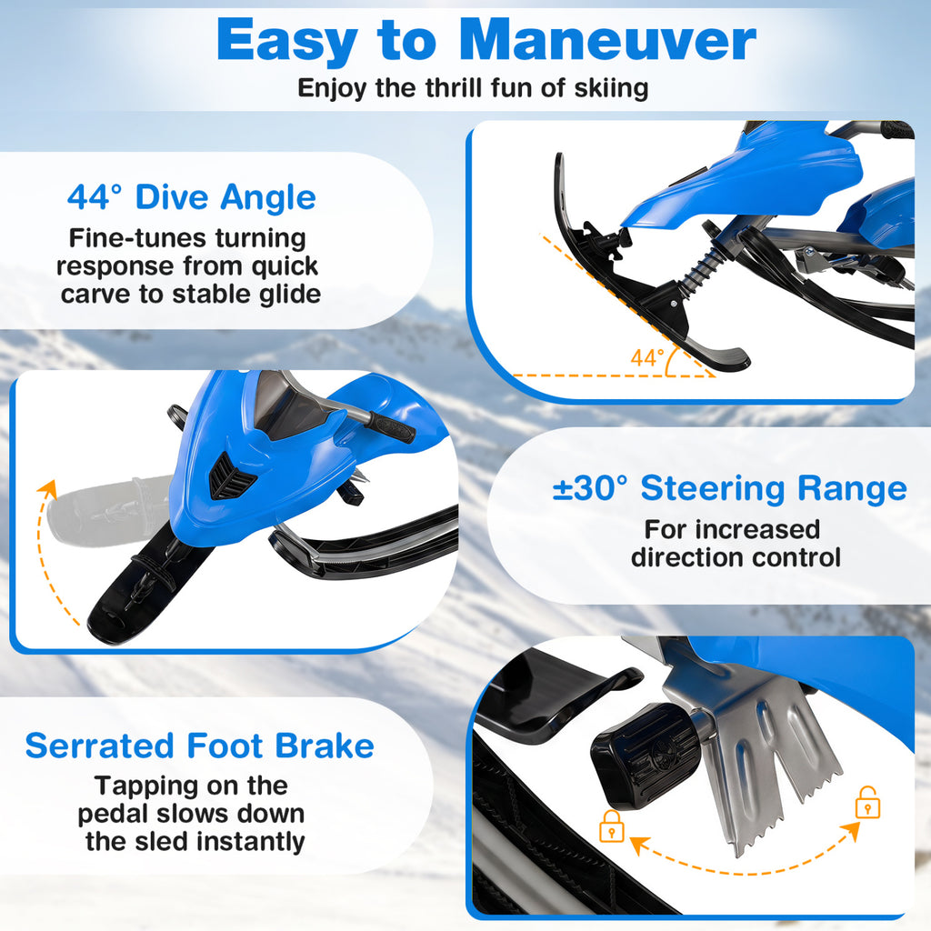Kids Snow Racer Sled with Brakes & Tow Rope - Blue Kids Winter Snow Toy