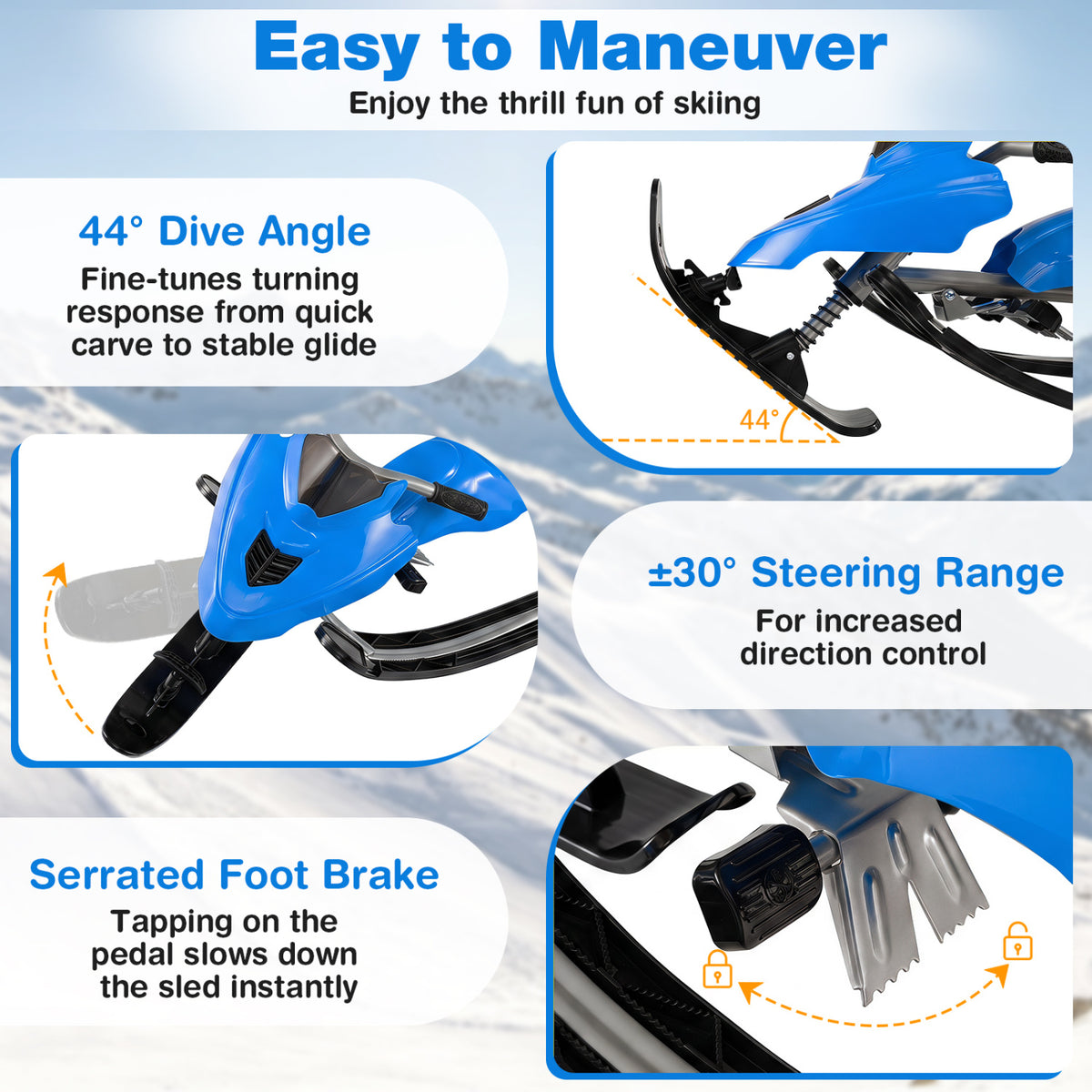 Kids Snow Racer Sled with Brakes & Tow Rope - Blue Kids Winter Snow Toy
