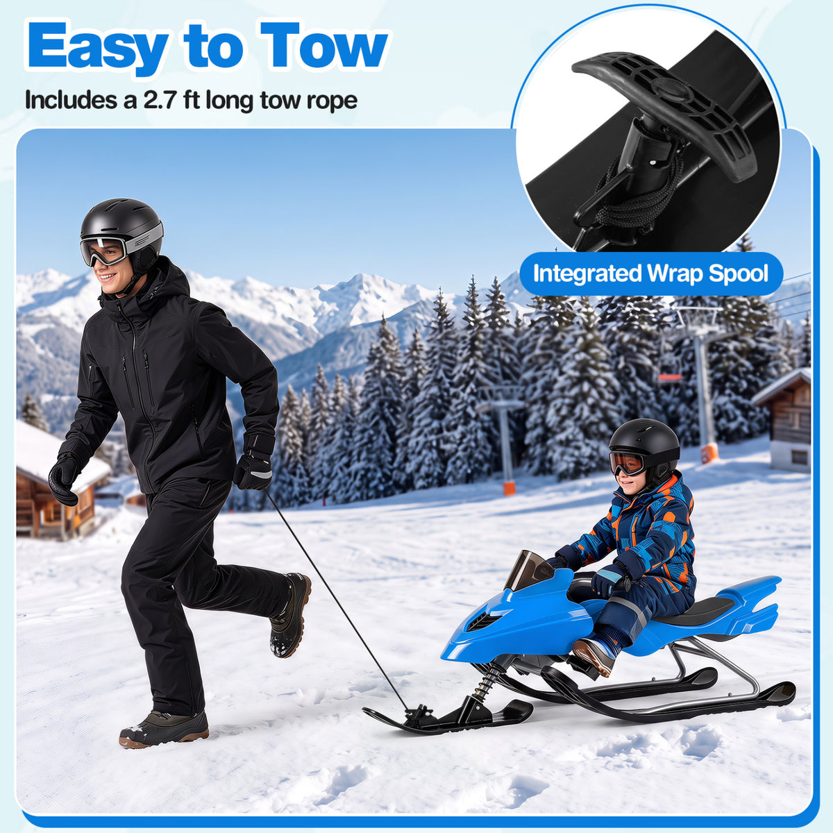 Kids Snow Racer Sled with Brakes & Tow Rope - Blue Kids Winter Snow Toy