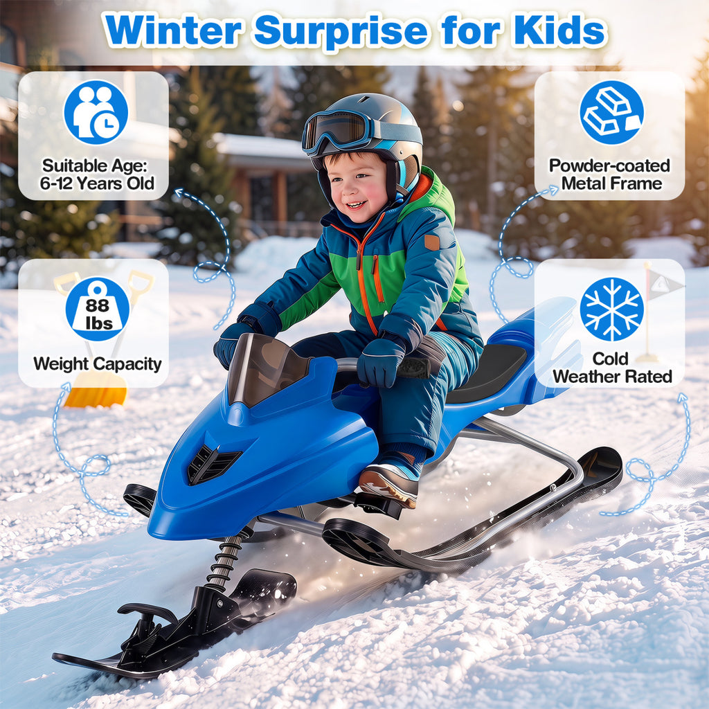 Kids Snow Racer Sled with Brakes & Tow Rope - Blue Kids Winter Snow Toy