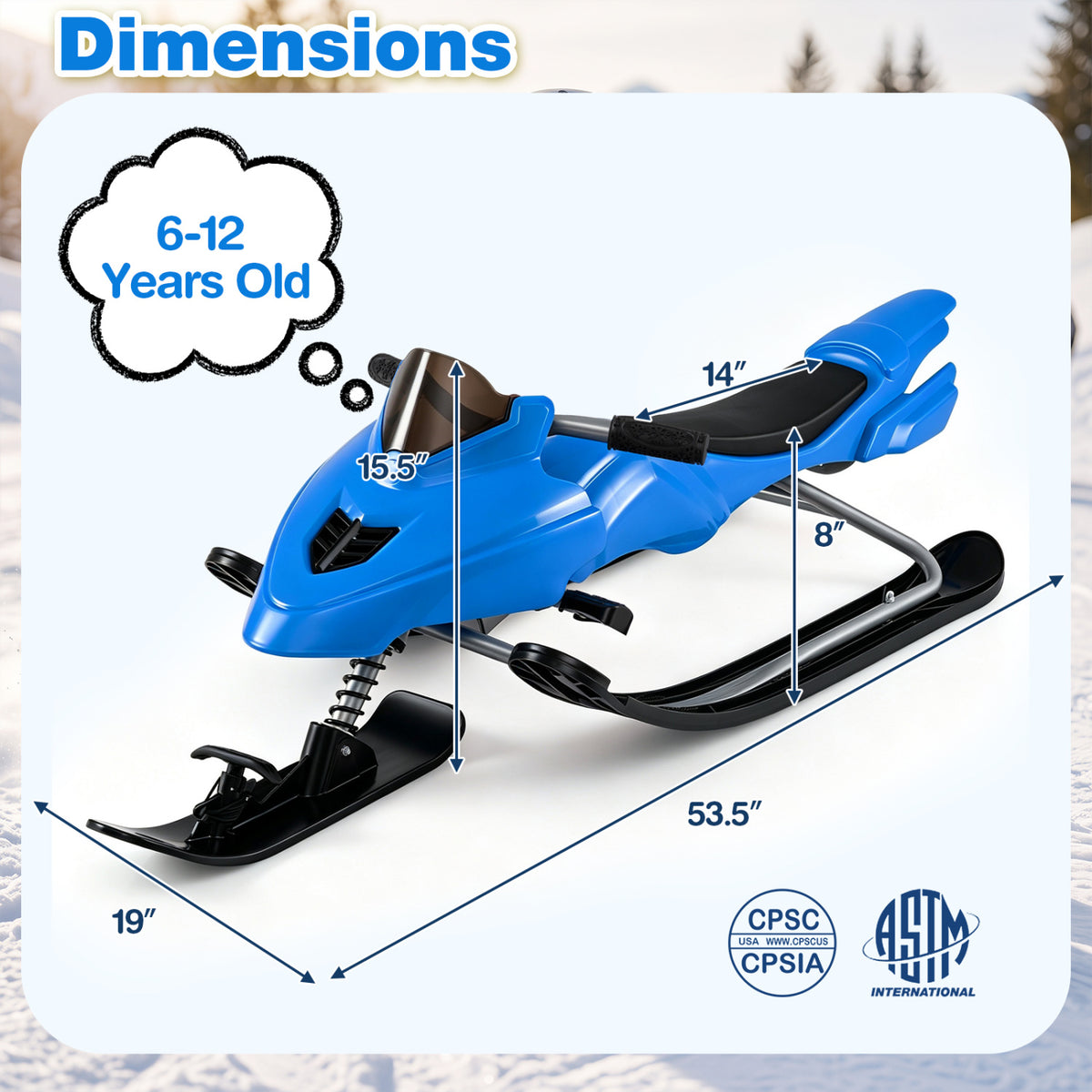 Kids Snow Racer Sled with Brakes & Tow Rope - Blue Kids Winter Snow Toy