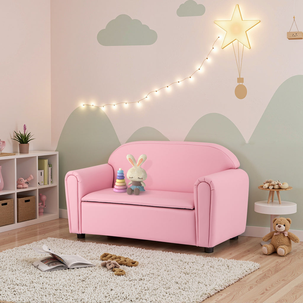 Kids 2-Seat Sofa Armrest Chair with Storage - Pink, Durable & Comfortable