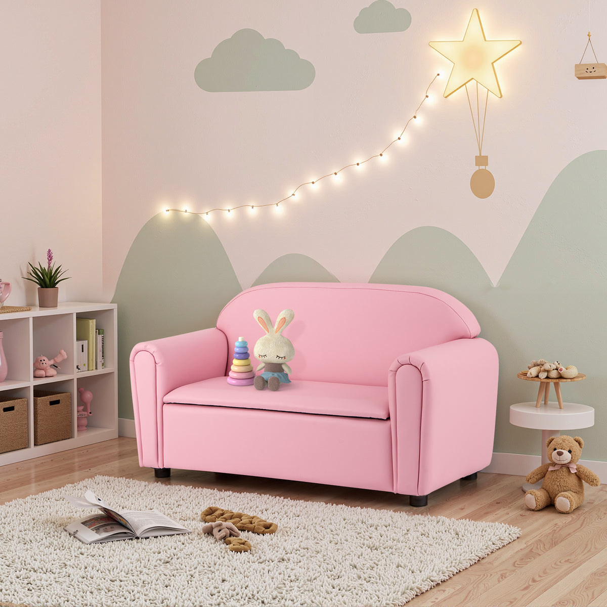 Kids 2-Seat Sofa Armrest Chair with Storage - Pink, Durable & Comfortable