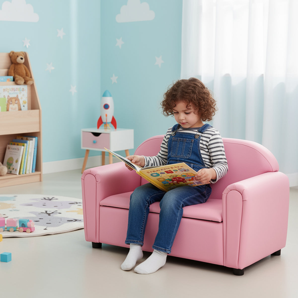 Kids 2-Seat Sofa Armrest Chair with Storage - Pink, Durable & Comfortable